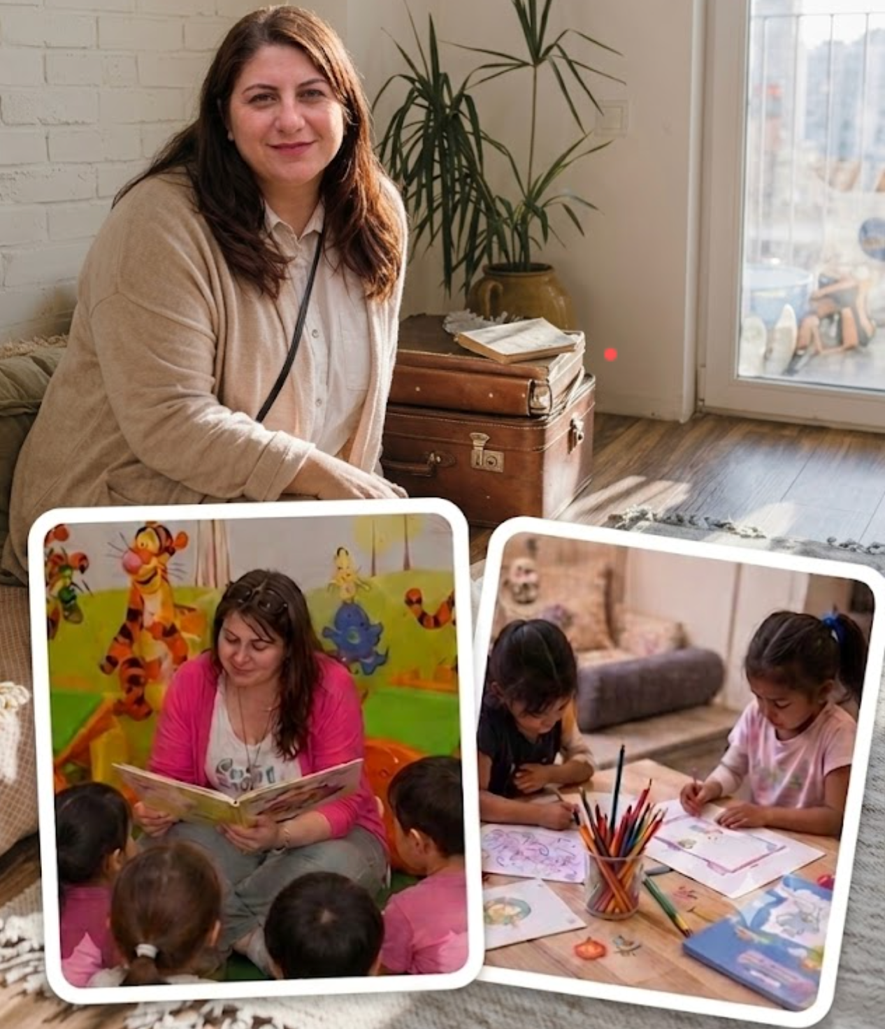 Nihal in a bright indoor setting, with photos from reading and creative activities with children